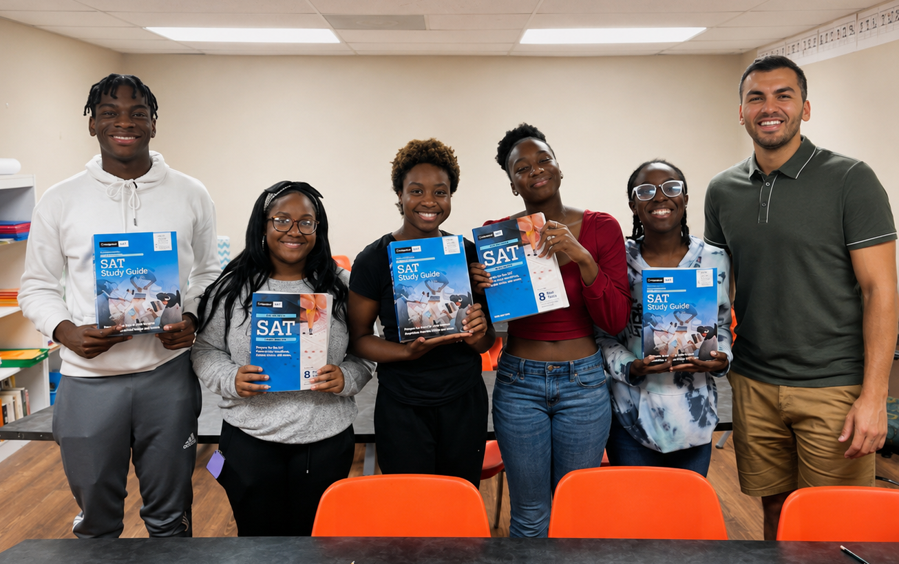 PROPEL students with SAT study guides and a Top Score Tutors instructor