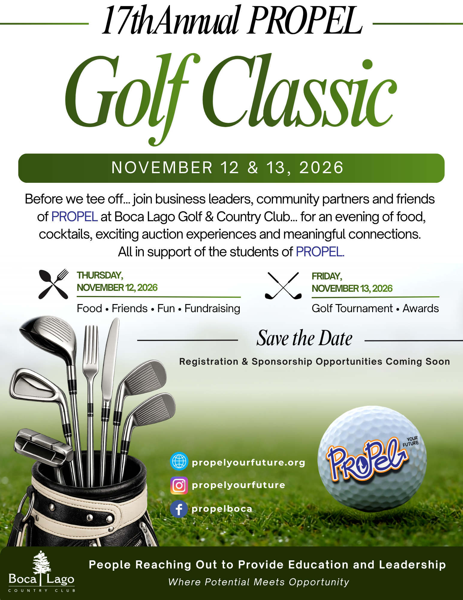 Save the date for the 17th Annual PROPEL Golf Classic, November 12 and 13, 2026, at Boca Lago Golf and Country Club