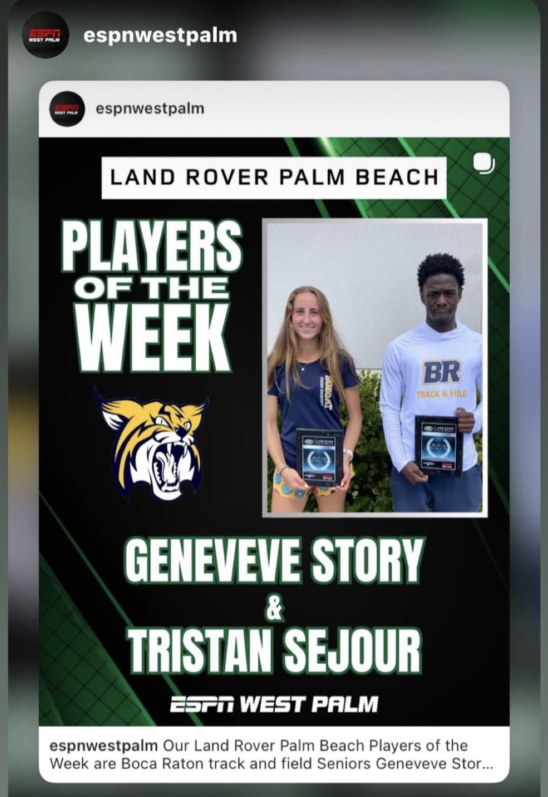 ESPN West Palm recognizing Tristan Sejour as a Player of the Week
